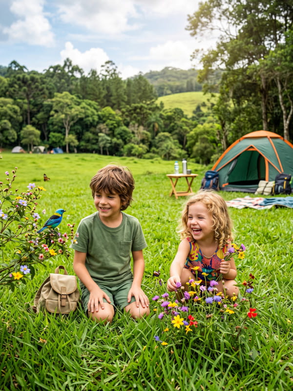 Crianças brincando ao ar livre em um acampamento cercadas pela natureza e animais silvestres.