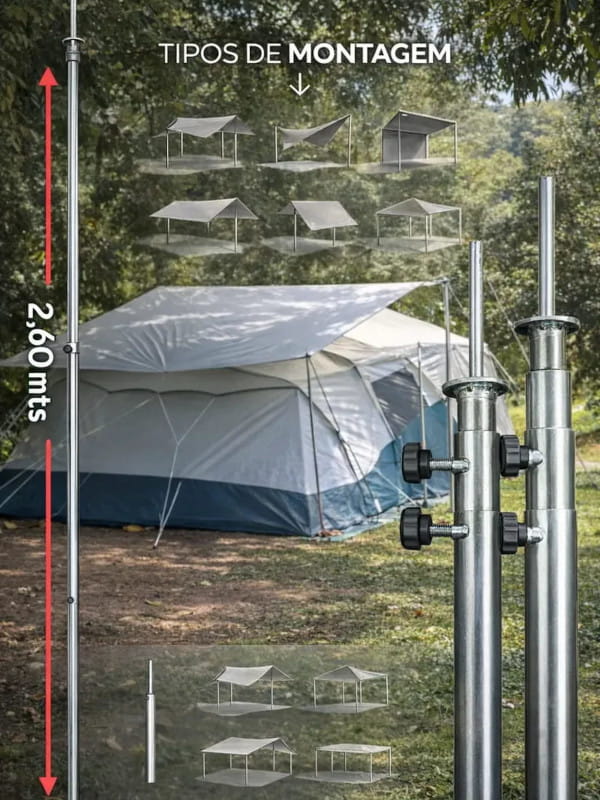 Equipamentos recomendados pelo Guia do Campista: kit com dois postes de abrigo ajustáveis Ironcraft para tarp ou lona.