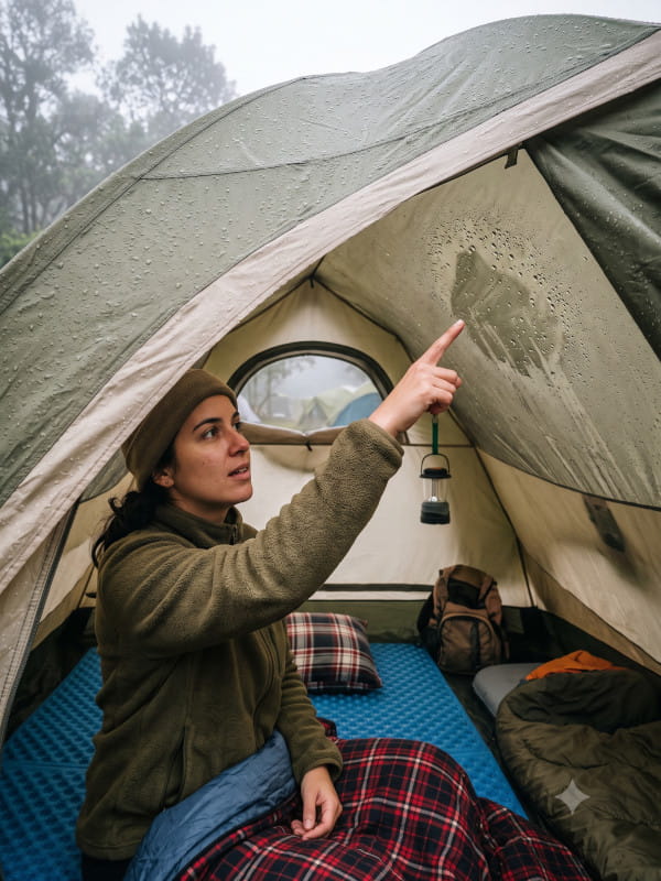 Condensação visível nas paredes internas de uma barraca de camping em um dia frio.