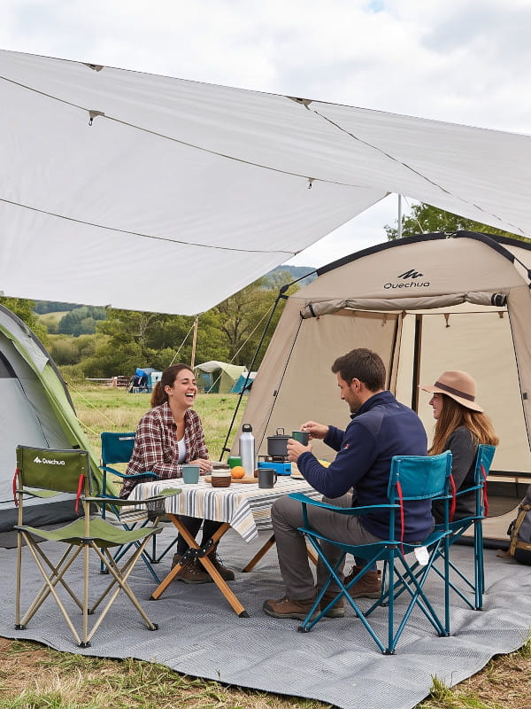 Como criar postes de abrigo e sustentacao: amigos sentados em volta de uma mesa sob uma lona branca ao lado de duas barracas de camping.