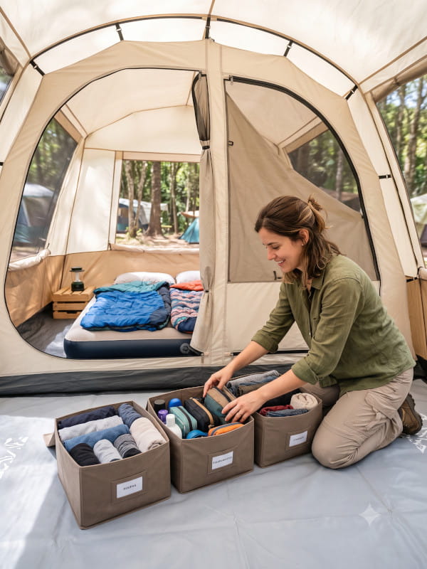 Interior de barraca de camping com roupas organizadas em caixas desmontáveis de pano mantendo o espaço limpo e funcional.