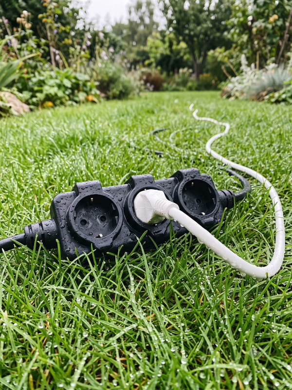 Extensão elétrica desprotegida contra a chuva em um camping ao ar livre.