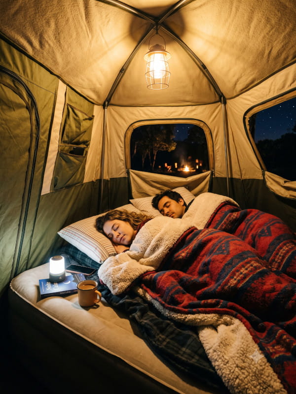 Campistas se aquecendo dentro da barraca com isolante térmico e saco de dormir em um dia frio.