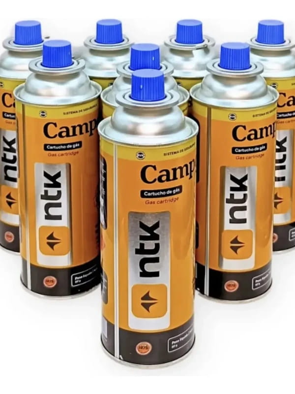 Equipamentos recomendados pelo Guia do Campista: kit com 8 latas refil de gás NTK para fogareiro.