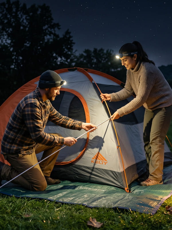 Dicas para montar a barraca à noite: casal com lanterna na cabeça montando uma barraca em uma noite estrelada.
