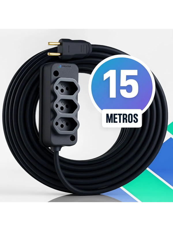 Equipamentos recomendados pelo Guia do Campista: extensão para camping reforçada de 15m fio grosso com 3 tomadas.