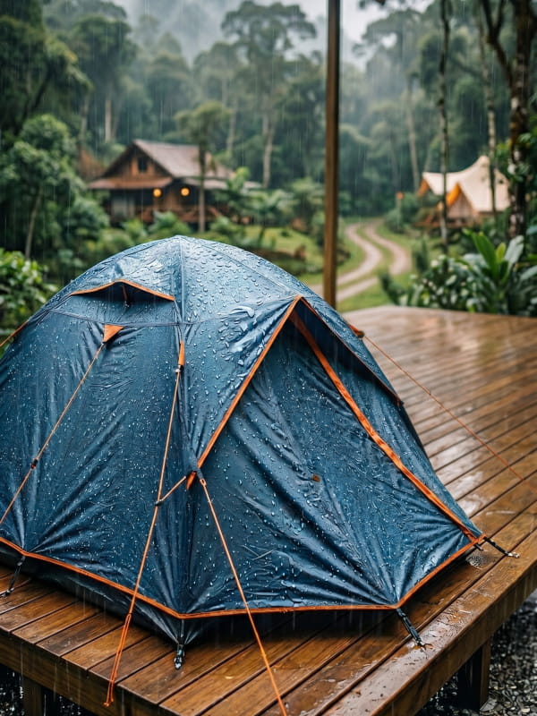 O que é coluna d'água na barraca de camping: barraca toda respingada de chuva em um dia extremamente nublado e chuvoso ao lado de chalés.