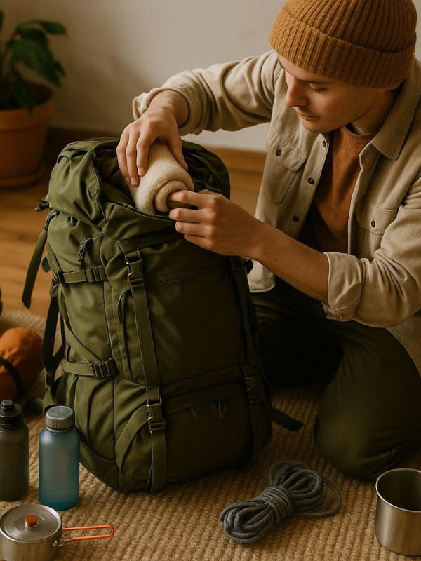O que levar para um acampamento: homem sentado num tapete montando sua mochila para ir acampar.