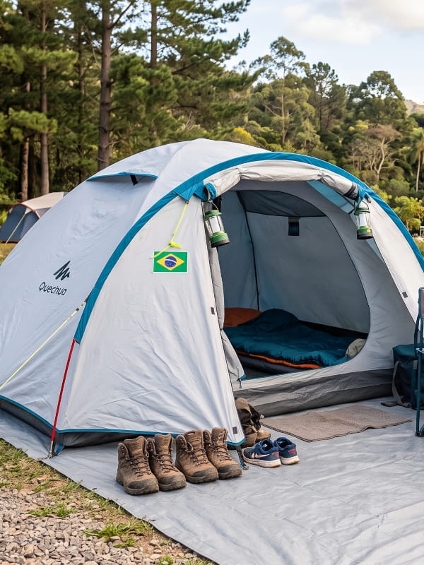 Por que usar uma ráfia de solo na estrutura de camping: barraca de camping montada sobre uma ráfia de solo, com vários calçados na entrada da barraca.