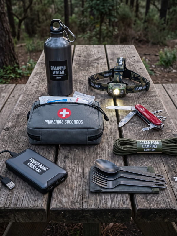 Sete utensílios fundamentais no camping: imagem com canivete, garrafa de água, talheres, headlamp, kit primeiros socorros, power bank e corda sobre uma mesa rústica na floresta.